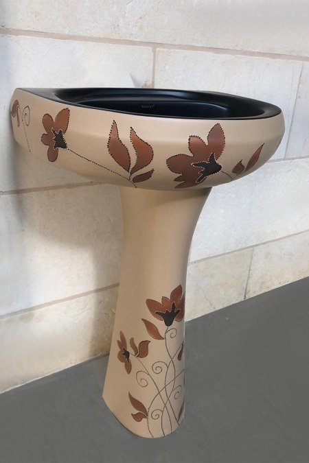 مغسل سيراميك مع عمود – نقش وردي بلون بيج وأسود